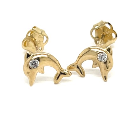 kolczyki dziecięce z motywem zwierząt, urocza biżuteria ze złota, złote delfiny wysoki połysk, design zwierzęcy w złocie 585, kolczyki dla małej miłośniczki morza, biżuteria z motywem morskim