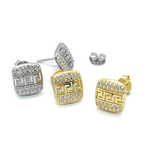 Przejdź do produktu Kolczyki kwadraty z greckim wzorem i cyrkoniami - srebro 925 złocone lub rodowane