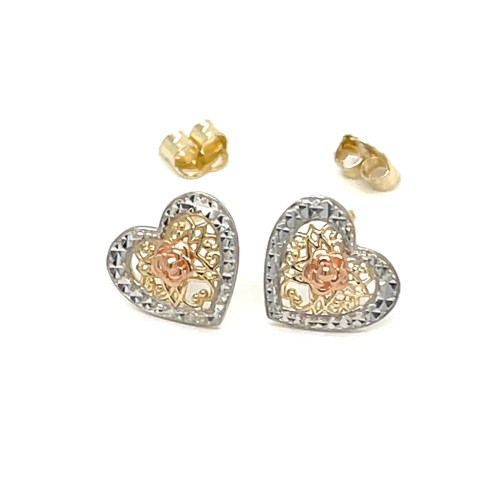 Przejdź do produktu Złote Kolczyki Trójkolorowe 585 Ażurowe Serce I Kwiat Na Sztyfcie