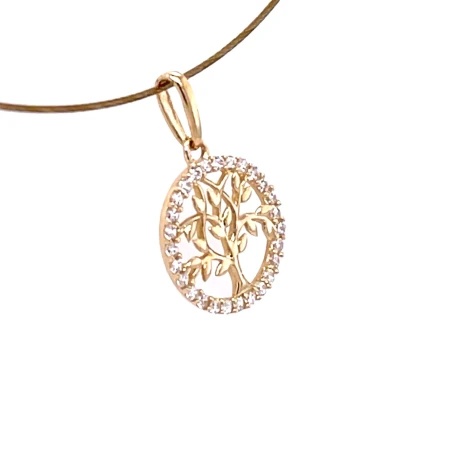 zawieszka motyw drzewa biżuteria, złote drzewko z cyrkoniami, elegancki wisiorek z połyskiem, biżuteria z motywem natury, nowoczesny design drzewo życia, biżuteria z wysokim połyskiem