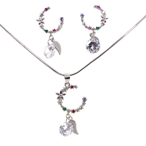 Przejdź do produktu Kolczyki i zawieszka z cyrkoniami - Srebrne obręcze z listkiem