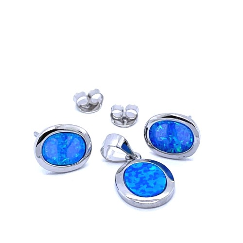 Przejdź do produktu Minimalistyczny Zestaw Biżuterii Owalny Niebieski Opal Srebro Rodowane 925
