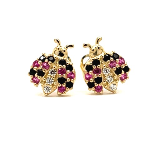 Przejdź do produktu Złote kolczyki sztyfty 585 biedronki - cyrkonie czarne, różowe i białe