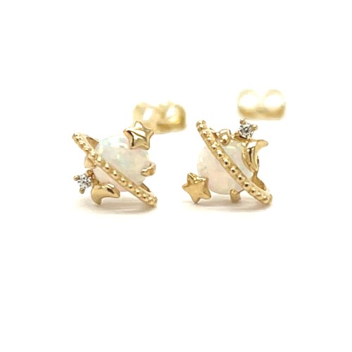 Przejdź do produktu Złote kolczyki sztyfty 585 Saturn z pierścieniem - biały opal i cyrkonie