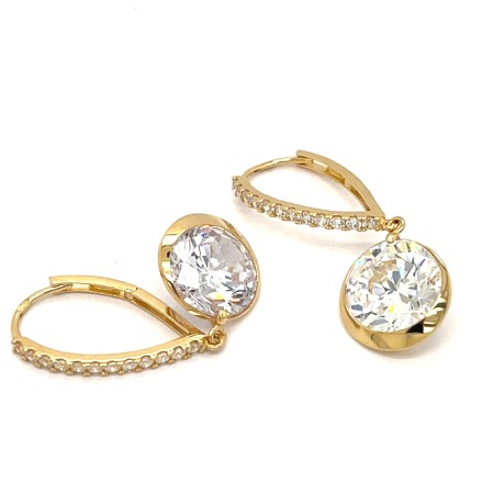 złote kolczyki z biglem zdobionym, okrągła cyrkonia kolczyki wiszące, biżuteria precyzyjny szlif cyrkonii, złoto 14k wysoki połysk, kolczyki wiszące z kamieniami