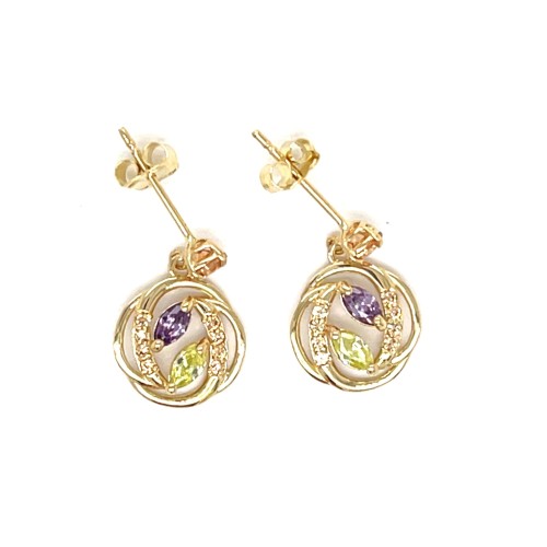 Przejdź do produktu Złote Kolczyki z ametystowymi, limonkowymi i beżowymi cyrkoniami - Ażurowe Sztyfty