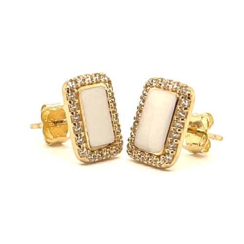 Przejdź do produktu Złote Kolczyki 585 Prostokąty Biała Emalia, Cyrkonie Halo Sztyfty
