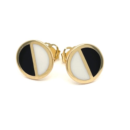Przejdź do produktu Złote Kolczyki 585 Kółka Z Czarno-Białą Emalią - Minimalistyczne Sztyfty Premium
