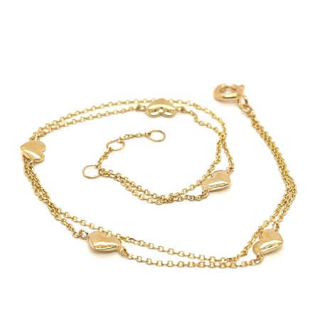 złota bransoletka 585 serca, bransoletka na podwójnym łańcuszku złota, biżuteria złota 14k celebrytka, bransoletka z 5 serduszkami złoto, złota bransoletka 17 cm z przedłużką, biżuteria złota próba 585 sklep, bransoletka damska serca