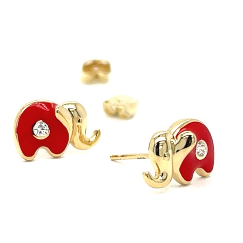 Przejdź do produktu Złote Kolczyki Słoniki 585 Z Czerwoną Emalią I Cyrkoniami Sztyfty
