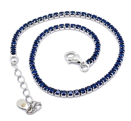 Tenisowa pojedyncza bransoletka ze srebra rodowanego w szafirowym kolorze cyrkonii, regulacja długości, idealna na wieczór, na prezent dla Niej