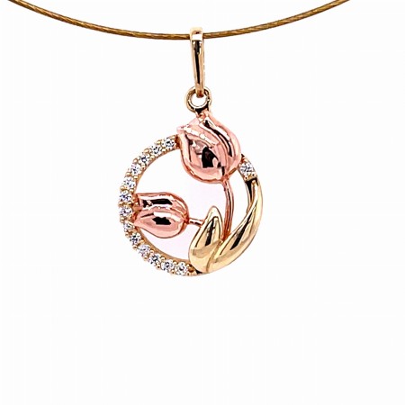 złota zawieszka z tulipanami, wisiorek złoto 585 dwukolorowe, biżuteria żółte i różowe złoto, okrągła zawieszka z kwiatami, złoty wisiorek z cyrkoniami, biżuteria 14k z tulipanami