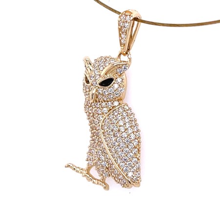 zawieszka motyw sowy biżuteria, złota sowa z wysokim połyskiem, elegancki wisiorek z cyrkoniami, biżuteria z motywem zwierząt premium, nowoczesny design sowa złoto, biżuteria glamour złota