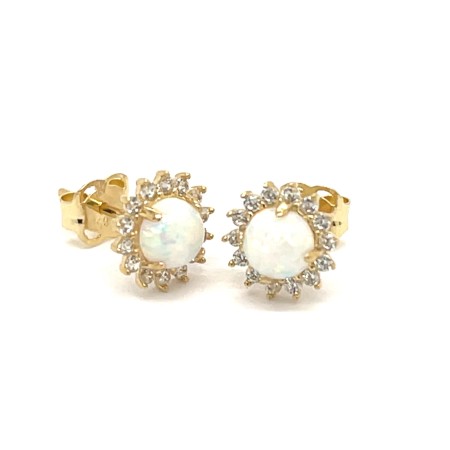 złote kolczyki z białym opalem 585, kolczyki sztyfty złoto 14k opal halo, biżuteria z opalem i cyrkoniami, okrągłe kolczyki złote pr 585, kolczyki złote 585 z kamieniem