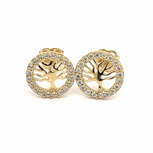 Przejdź do produktu Złote kolczyki sztyfty 585 okrągłe - ażurowe drzewko z białymi cyrkoniami