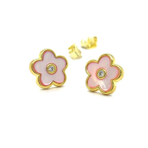 Przejdź do produktu Pozłacane Kolczyki Srebrne 925 Różowy Kwiatek Masa Perłowa Na Sztyfcie