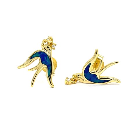 kolczyki jaskółki złote, biżuteria z opalem niebieskim, kolczyki z ptakiem srebro 925, wkrętki jaskółka opal, pozłacane srebro kolczyki ptak, biżuteria z motywem zwierzęcym
