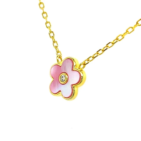 choker z cyrkonią białą, różowy kwiatek naszyjnik, biżuteria z perłowym blaskiem, lśniący kwiatuszek pozłacany, masa perłowa naszyjnik, luksusowy choker ze srebra
