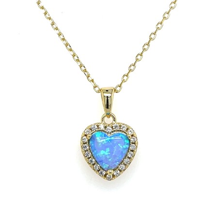 Naszyjnik z sercem z niebieskim opalem naturalnym, białymi cyrkoniami, srebro 925
