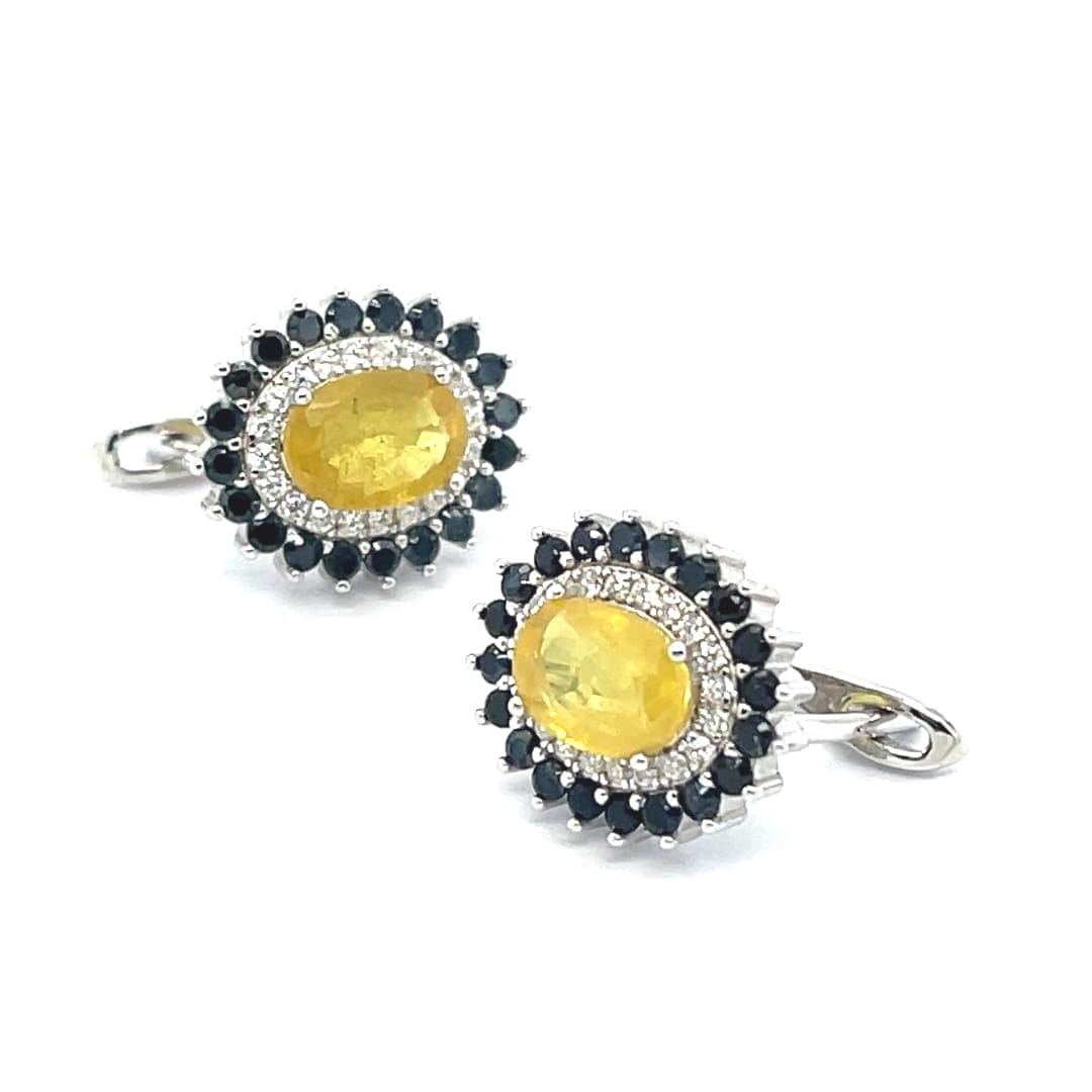 Srebrne Kolczyki 925 Naturalny Żółty Szafir Czarny Spinel Angielskie