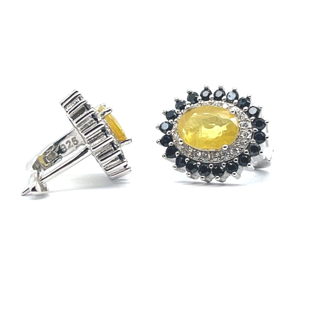 kolczyki z żółtym szafirem, biżuteria z czarnym spinelem, srebro rodowane 925 kolczyki, szafir i spinel kolczyki, kolczyki z cyrkoniami halo