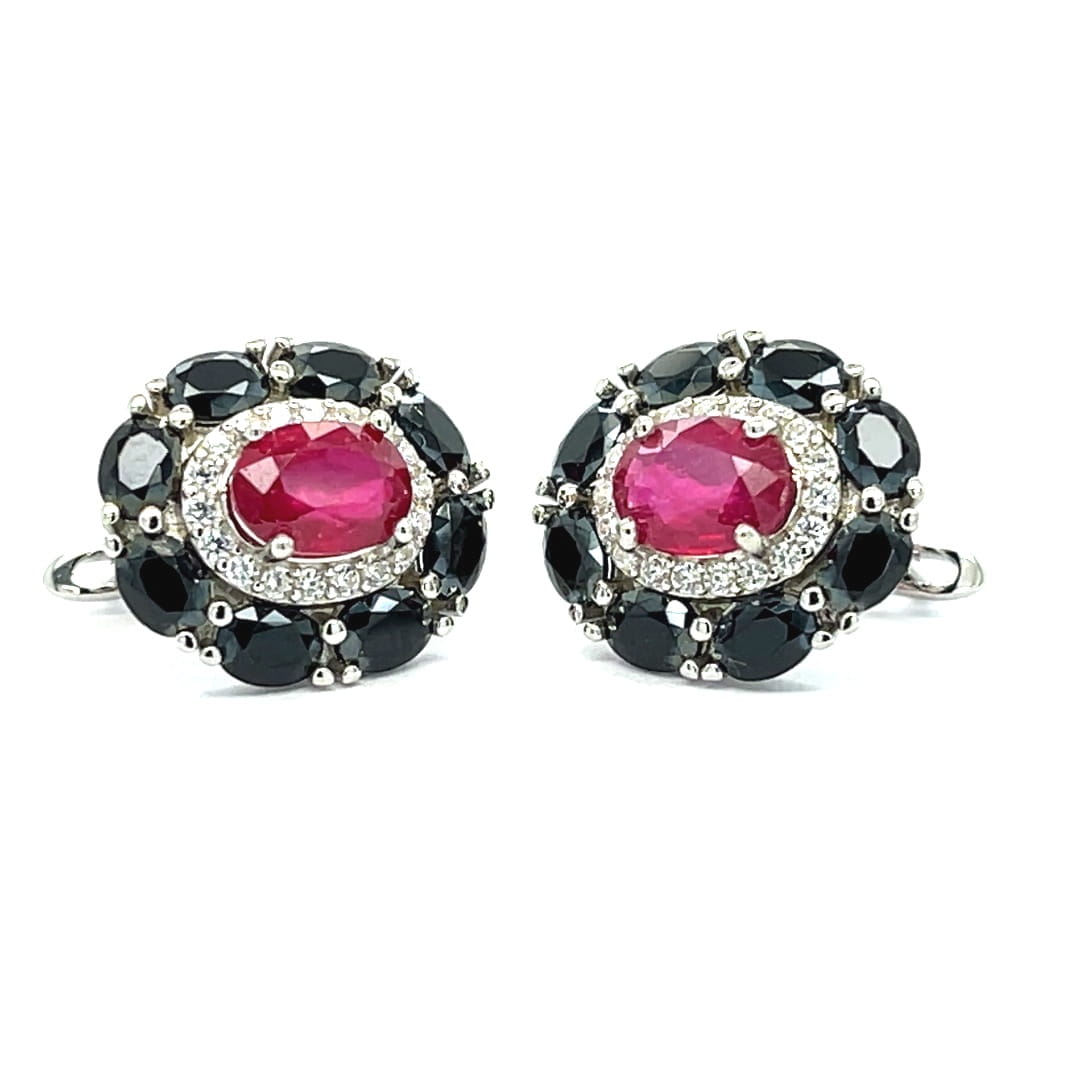Srebrne Kolczyki 925 Naturalny Rubin Czarny Spinel Cyrkonie
