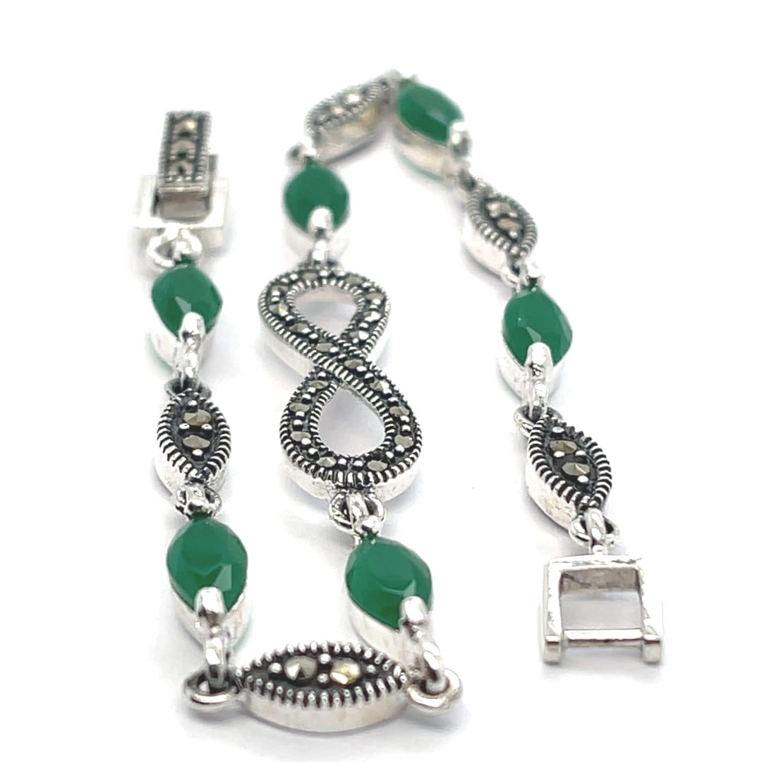 naturalny zielony agat, bransoletka znak nieskończoności, symbol infinity, biżuteria markazyty lśniące biżuteria z zielonym kamieniem