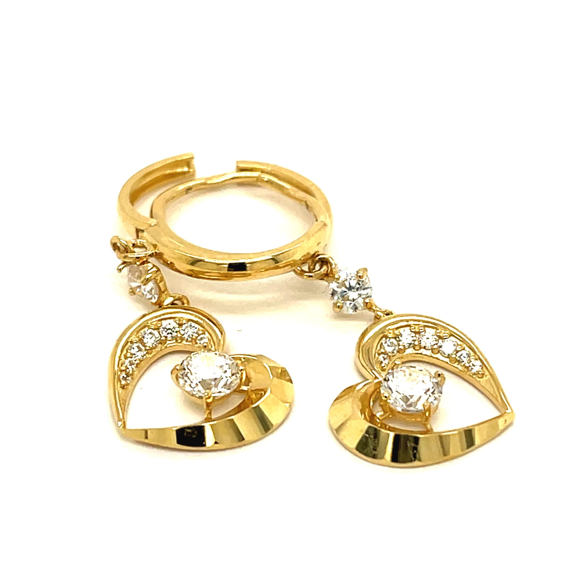 kolczyki złote kółka z sercem, biżuteria wieczorowa złoto 585, elegancki prezent dla niej złoto, kolczyki złote wiszące serca cyrkonie, luksusowe kolczyki z kamieniami, biżuteria 585