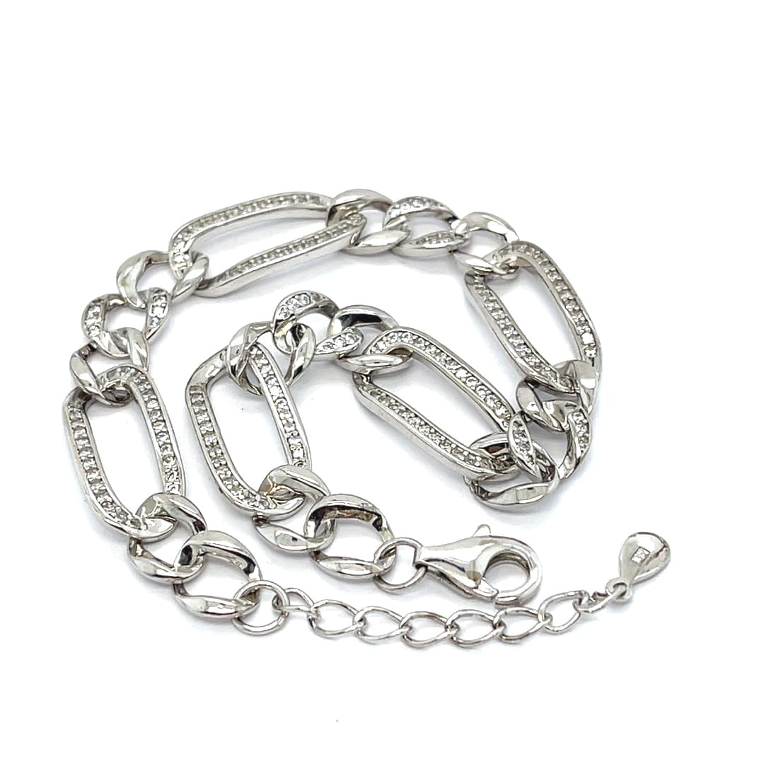 bransoletka z dużych ogniw srebrna, biżuteria rodowana 925 cena, bransoletka z cyrkoniami łańcuchowa, elegancka bransoletka z przedłużką, biżuteria premium Noble Bellezza, bransoletka z ogniwami 925