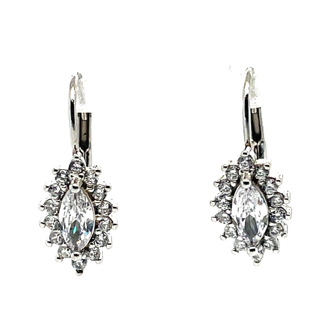 srebrne kolczyki bigiel angielski z białymi cyrkoniami elipsy, biżuteria srebrna z cyrkoniami kształt elipsy cena, gdzie kupić kolczyki zapięcie angielskie elipsa, delikatne kolczyki z wydłużonym kamieniem srebro 925