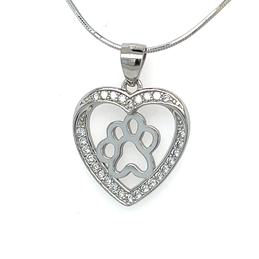 elegancka zawieszka z motywem zwierzęcym srebro, biżuteria damska rodowana, wisiorek serduszko z łapką