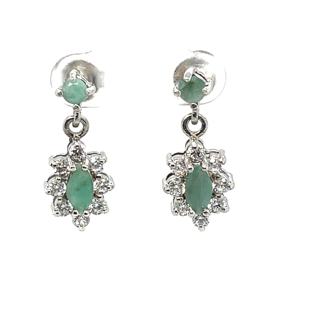 srebro rodowane próba 925, szmaragd naturalny markiza, szmaragd okrągły, białe cyrkonie, kolczyki z kamieniami szlachetnymi, srebro które nie czernieje