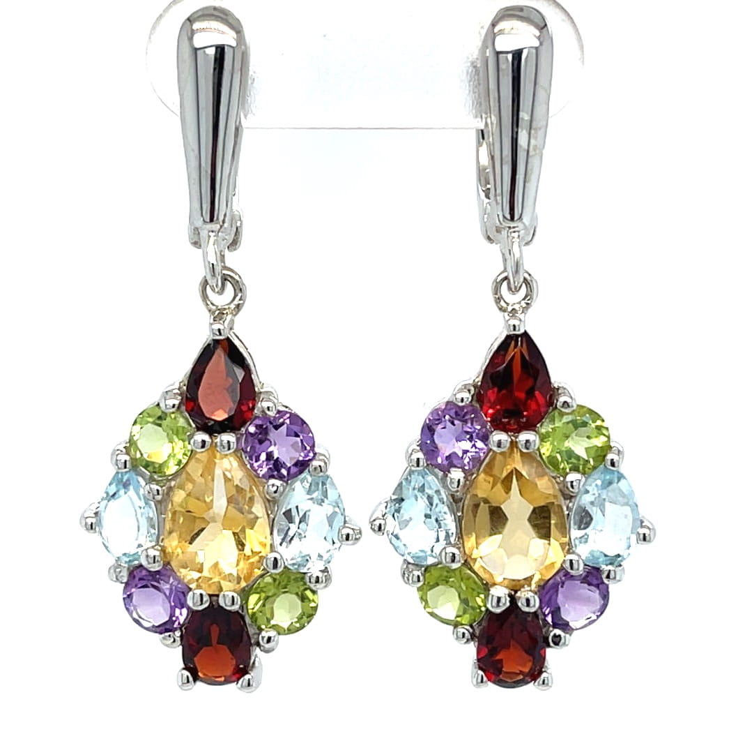 srebro rodowane próba 925, cytryn naturalny, ametyst granat peridot topaz, kolczyki z kamieniami szlachetnymi, srebro które nie czernieje, kompozycja kamieni