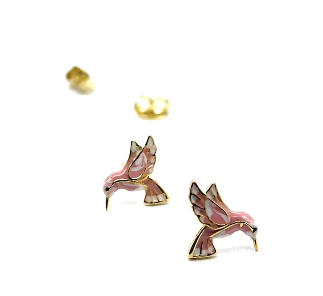 kolczyki biało różowe, złocone srebro kolczyki, nowoczesne kolczyki sztyfty, biżuteria emaliowana pastelowa, małe kolibry kolczyki