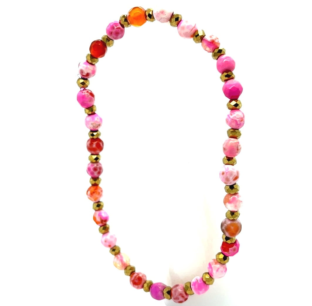 bransoletka z różowych kamieni naturalnych, złote koraliki hematyt 4mm, biżuteria z agatami czerwona, bransoletka damska różowa