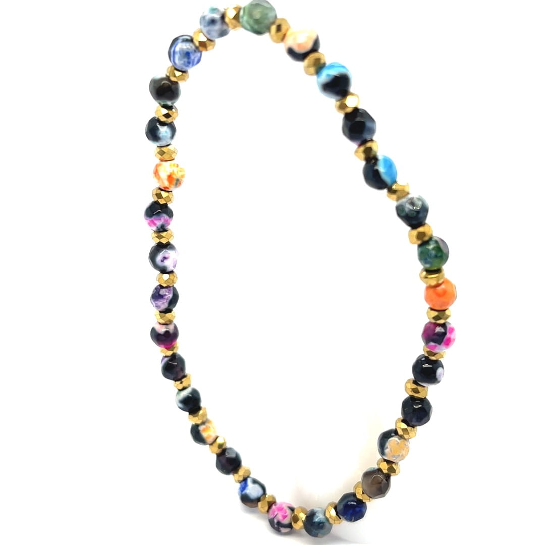 bransoletka z kolorowych koralików, złote koraliki hematyt 4mm, biżuteria z agatami wielobarwna, tęczowa bransoletka damska