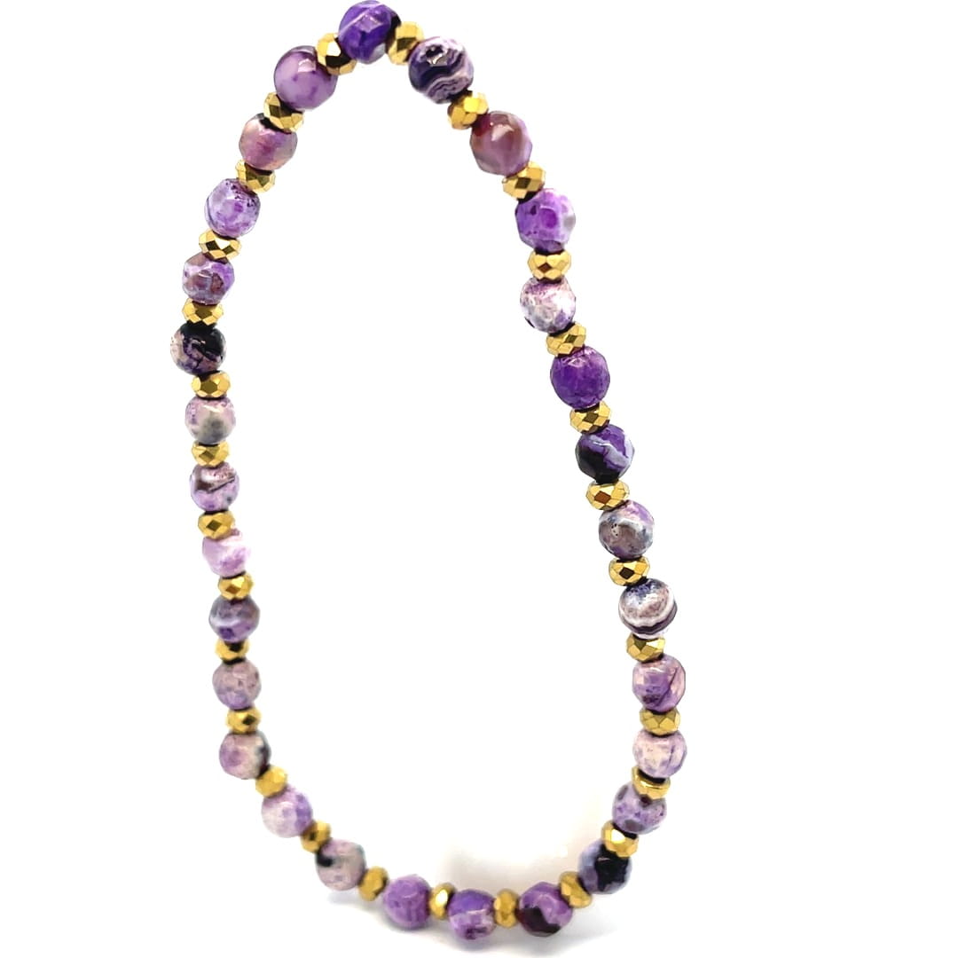 delikatna bransoletka fioletowa, złote koraliki hematyt, biżuteria z kamieni fioletowych, bransoletka damska 4mm