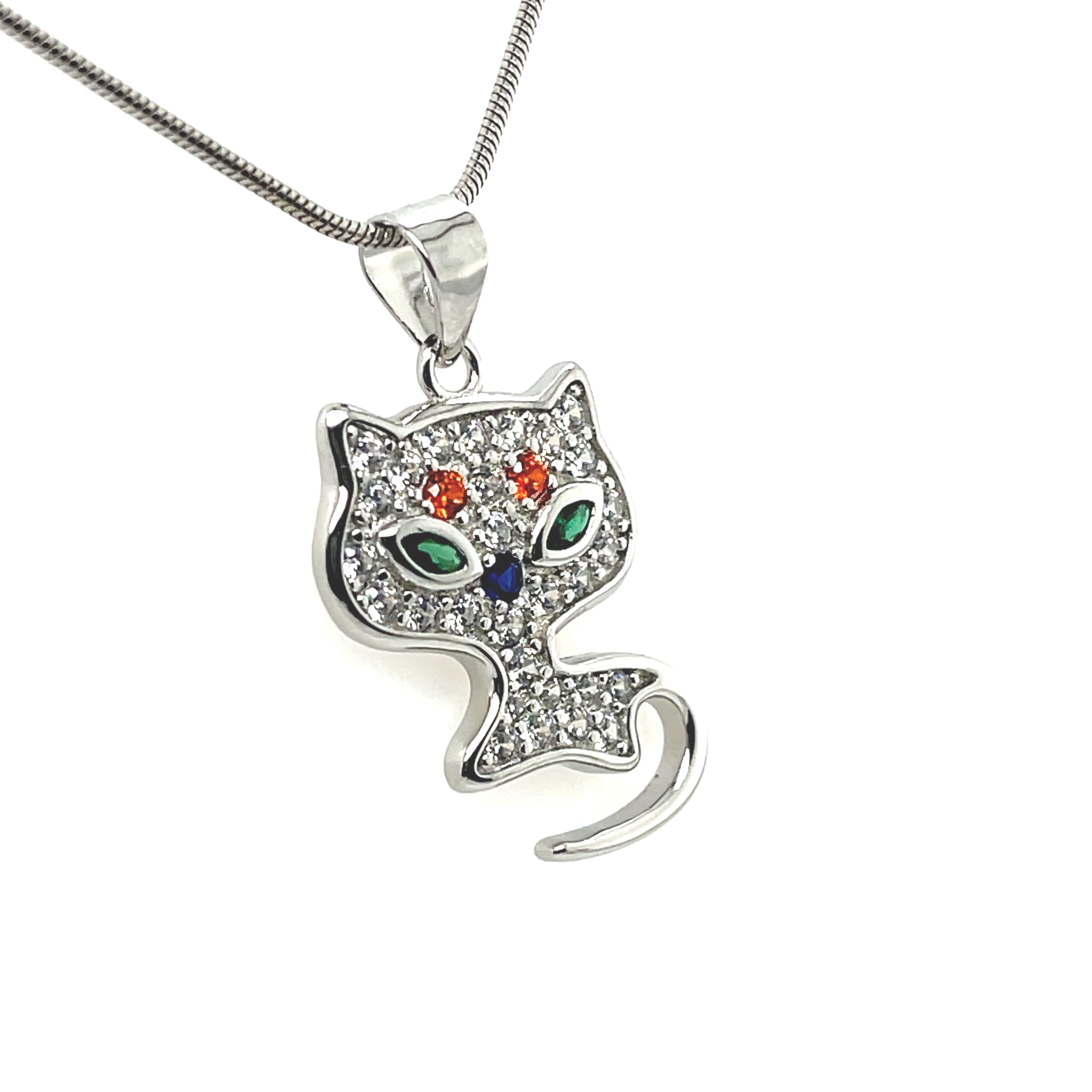 wisiorek z krawatką 24mm, błyszczący kotek srebro, elegancki prezent dla miłośniczki kotów