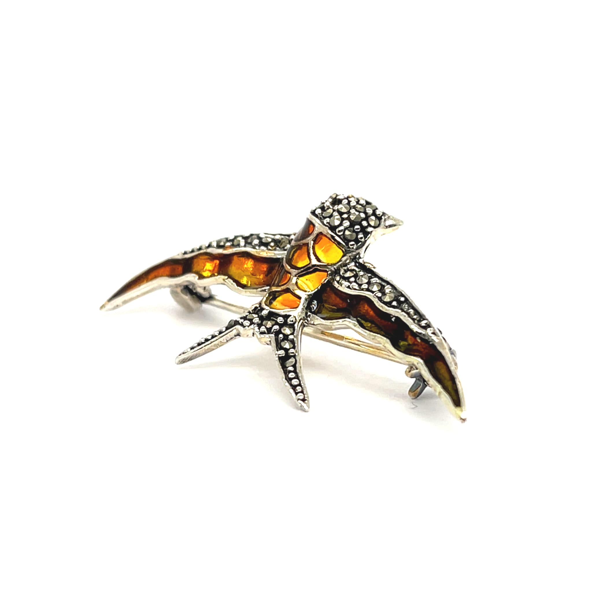 broszka z żółtą emalią srebro, biżuteria z pomarańczową emalią, srebrny ptak z markazytami, broszka jaskółka 18x37 mm, elegancki prezent dla mamy broszka, biżuteria retro sklep