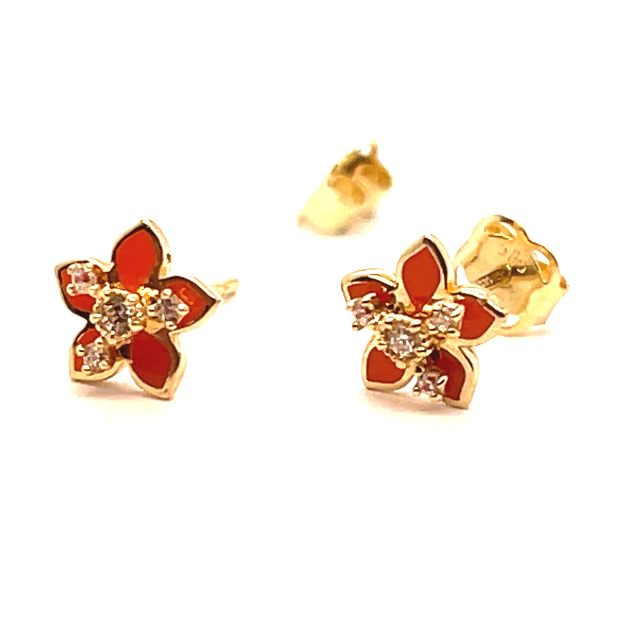 kolczyki złote z cyrkoniami sztyfty, biżuteria emaliowana złoto, kolczyki kwiatki dla dziewczynki złote, elegancki prezent jubilerski kolczyki, złote kolczyki z czerwonymi detalami, biżuteria florystyczna złoto, kolczyki 585