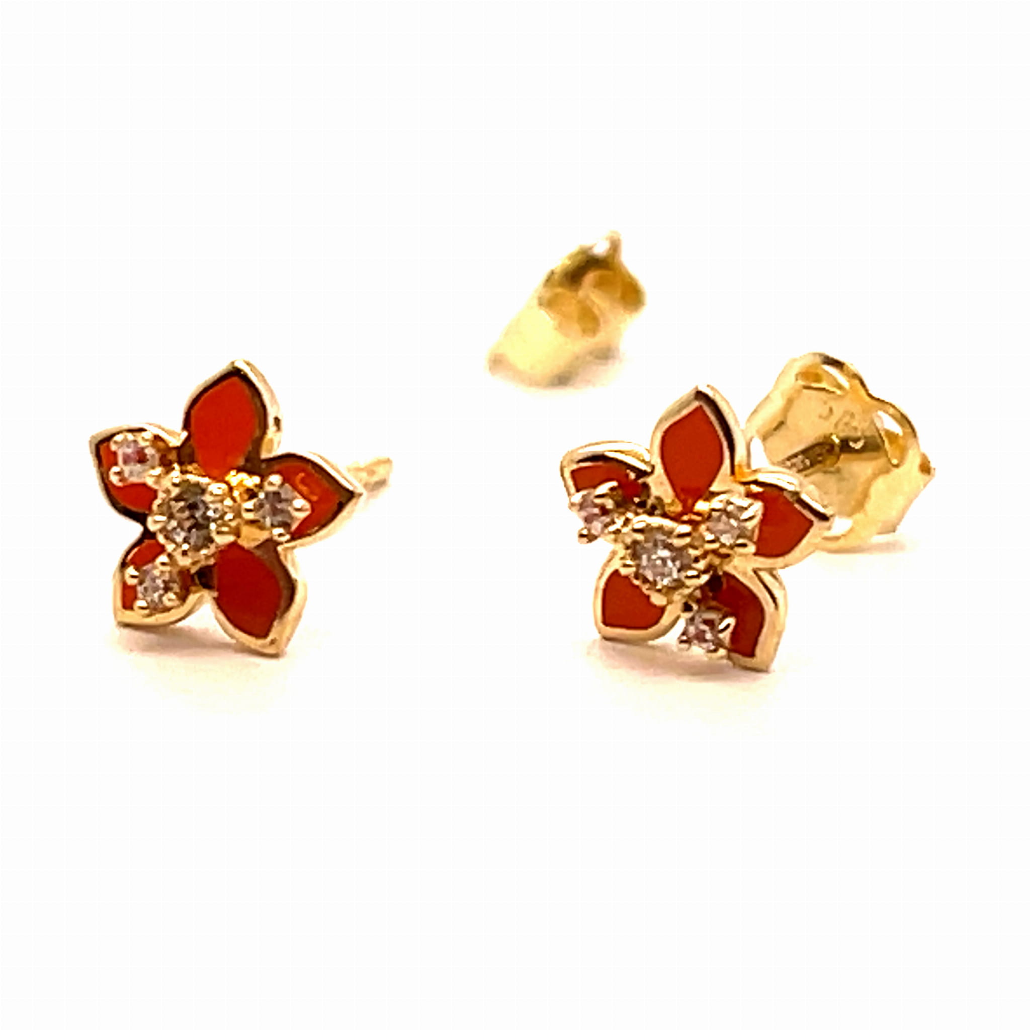 kolczyki złote z cyrkoniami sztyfty, biżuteria emaliowana złoto, kolczyki kwiatki dla dziewczynki złote, elegancki prezent jubilerski kolczyki, złote kolczyki z czerwonymi detalami, biżuteria florystyczna złoto, kolczyki 585