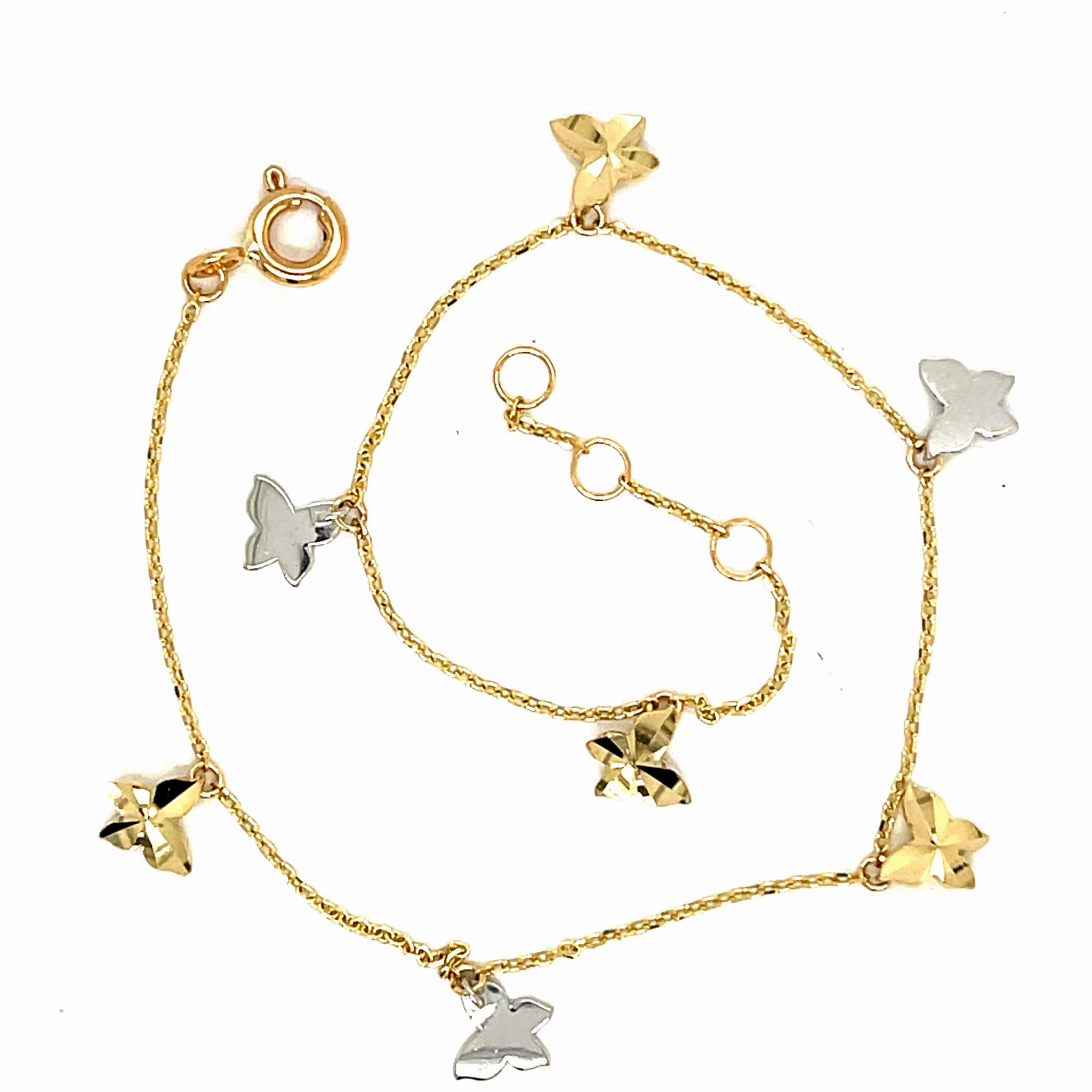 bransoletka złota z siedmioma motylkami, złoty łańcuszek na rękę motyle, biżuteria na prezent dla niej złoto, złota celebrytka motyle dwukolorowa, elegancka bransoletka złota 585, biżuteria złota 14k 17+2cm, złoty motyl 585