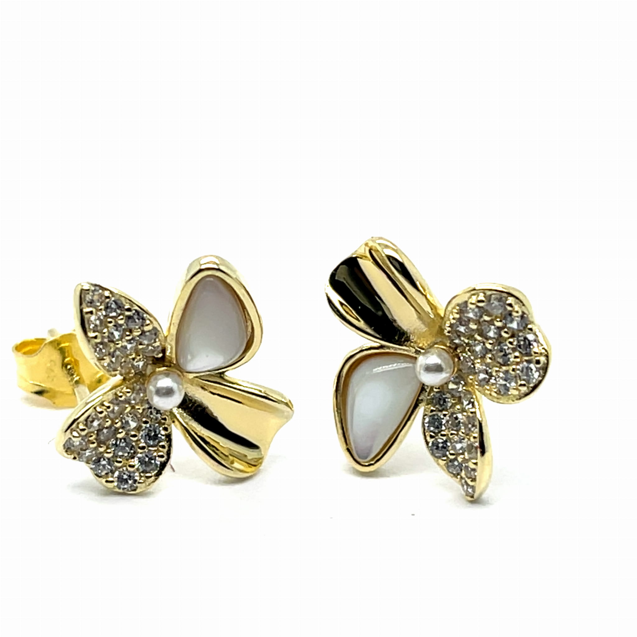 Eleganckie kolczyki złocone, cyrkonie, masa perłowa i perła naturalna