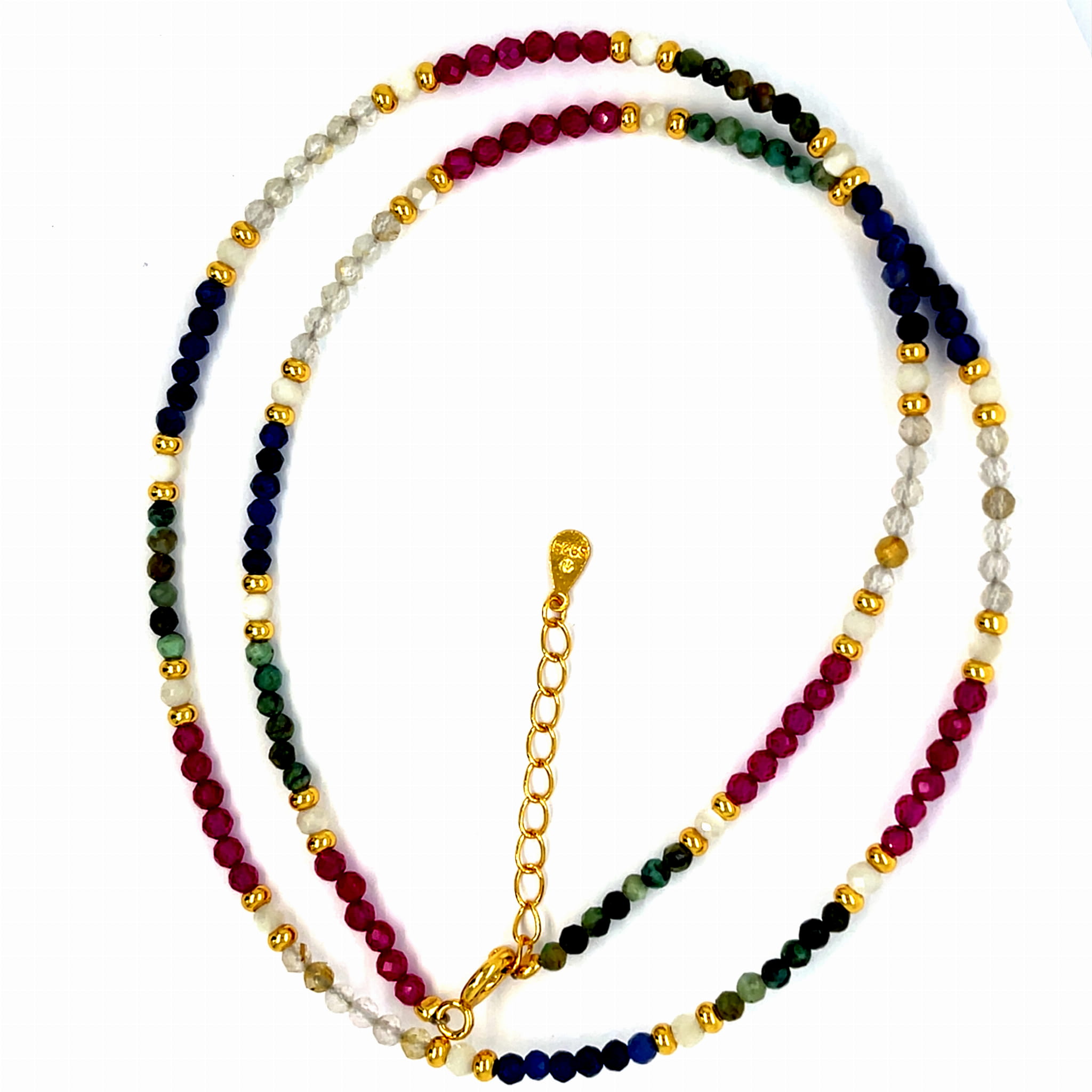 Naszyjnik ze srebra złoconego i koralików z kamieni naturalnych.