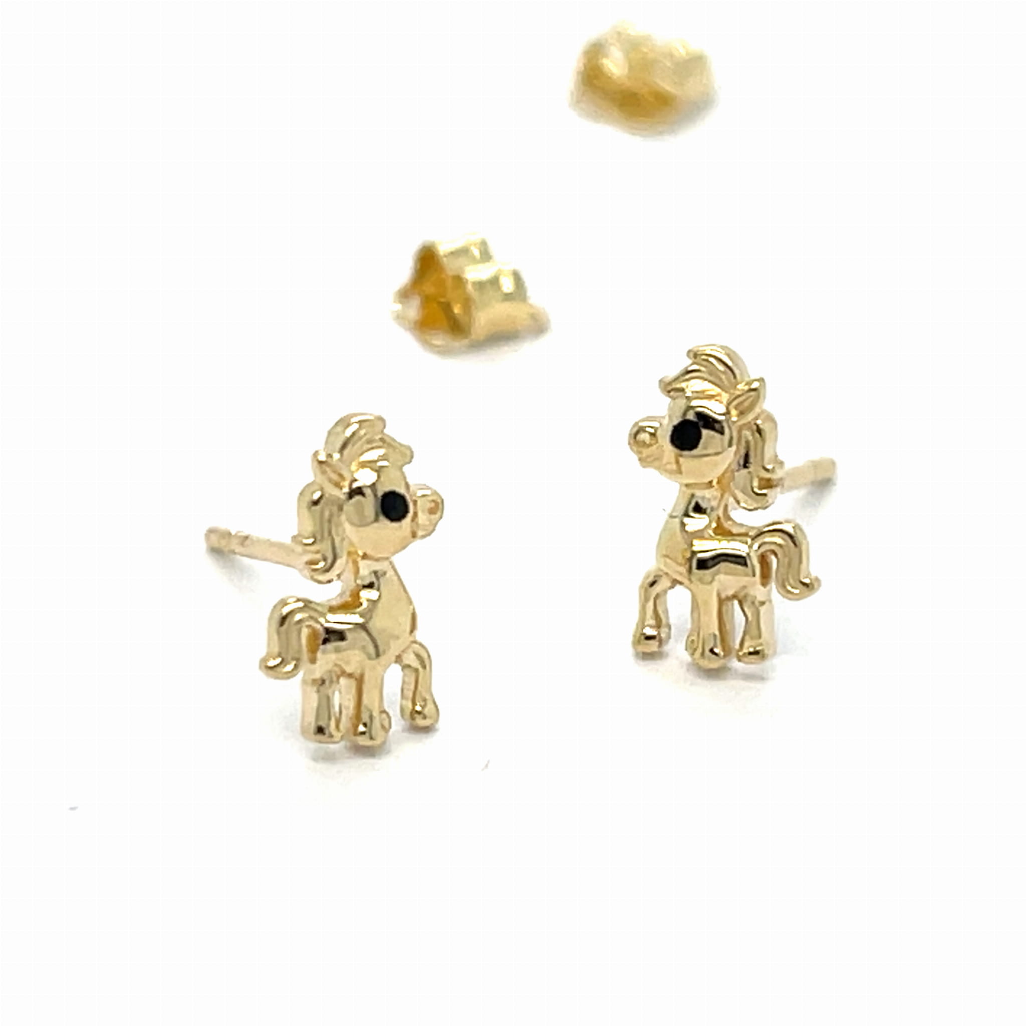 Kolczyki złote  kucyki dla dzieci z czarną emalią jubilerską, próby 585.