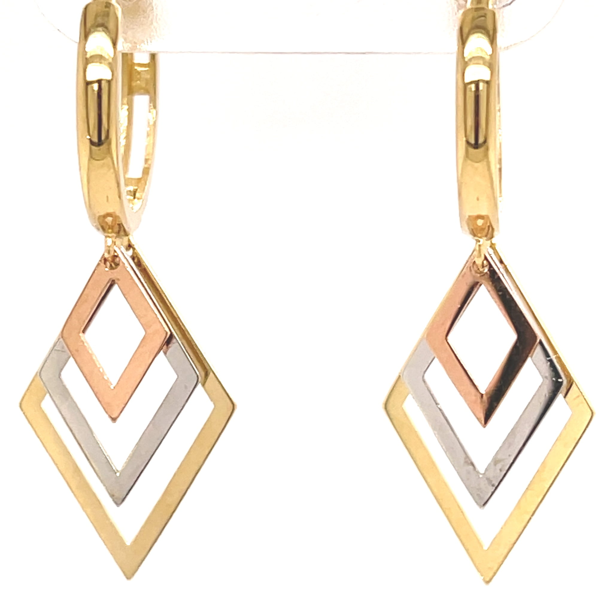 kolczyki żółte białe różowe złoto, kolczyki kółka z zawieszkami rąby, nowoczesna biżuteria złota 2026, elegancki prezent dla niej złoto, kolczyki złote zatrzask 585, trikolor złoto