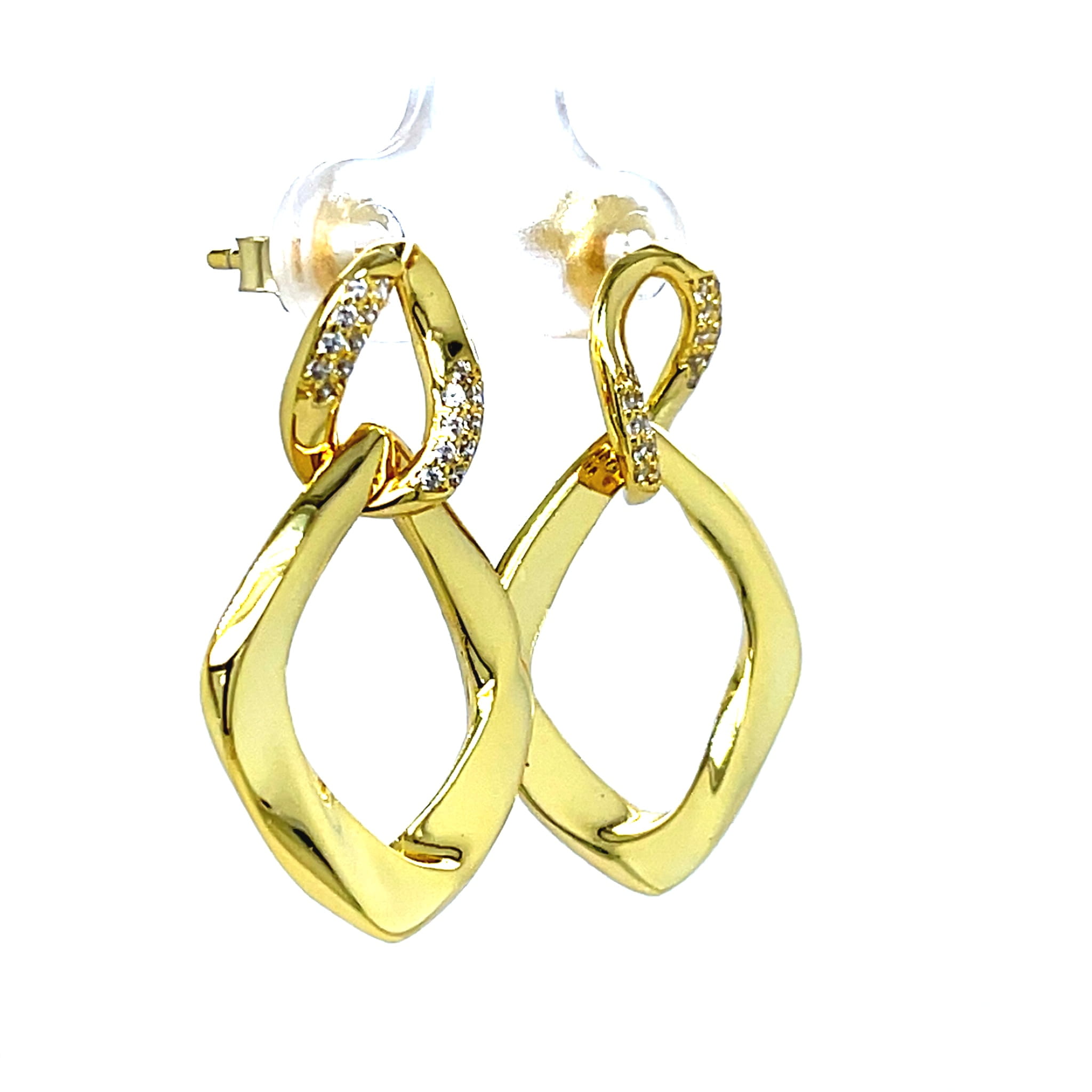 geometryczna biżuteria z cyrkoniami, kolczyki na sztyfcie wiszące romby, złota biżuteria na studniówkę i bal, kolczyki z mikro cyrkoniami na prestiżowe gale