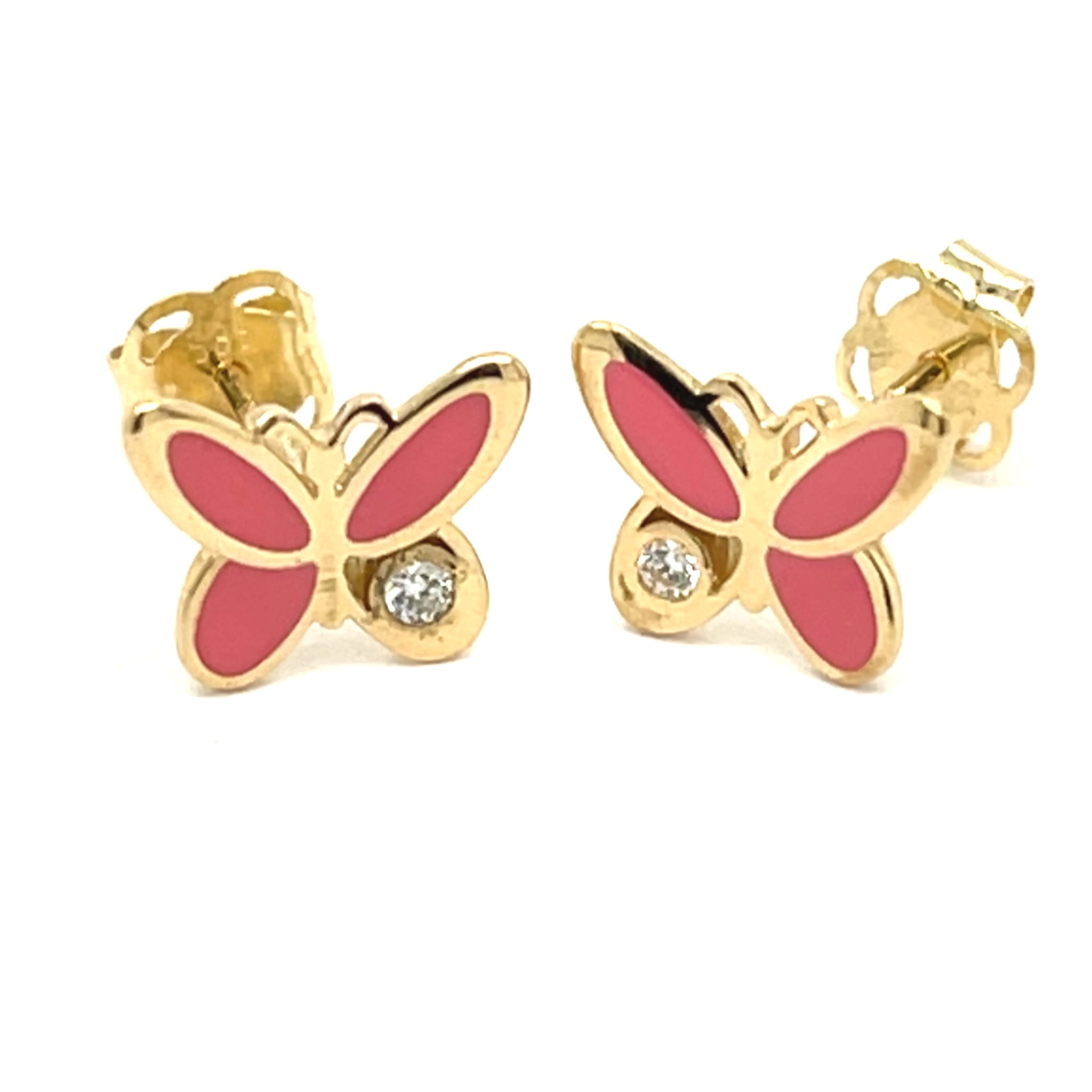 złoto żółte 585 emalia, kolczyki z bezpiecznym zapięciem wkrętki, biżuteria z emalią łososiową, wysokiej jakości złote kolczyki, kolczyki trwałe emaliowane