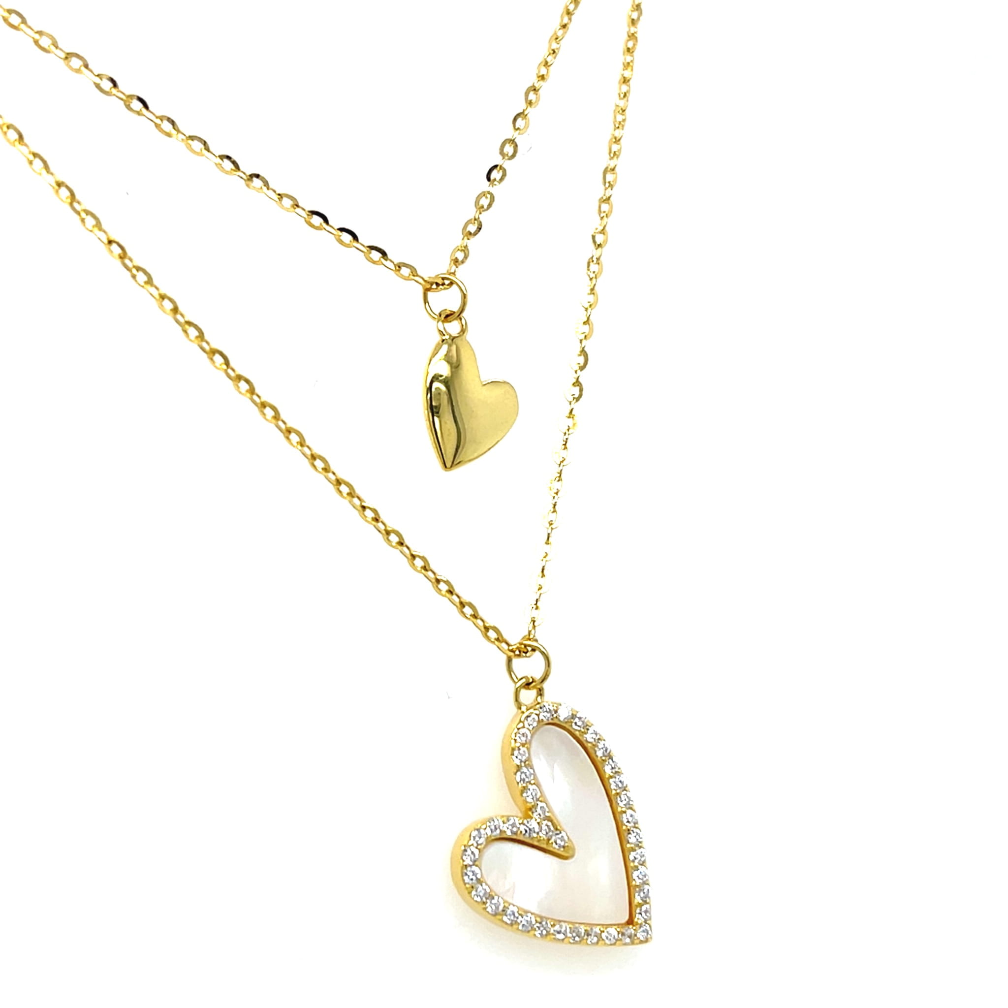 Naszyjnik łańcuszkowy z motywem serc, srebro złocone, masa perłowa, cyrkonie