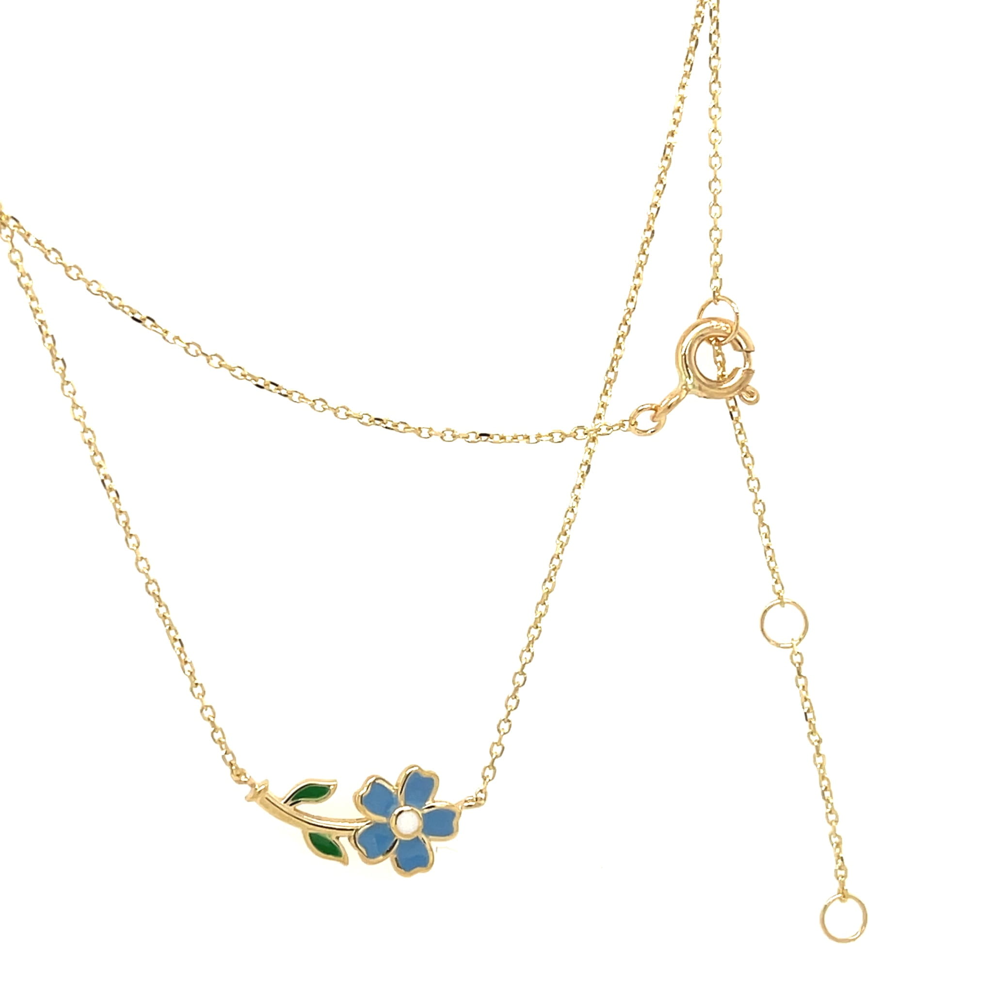 prezent dla niej naszyjnik, biżuteria z motywem roślinnym, naszyjnik z niebieskim kwiatkiem, złoto 585 naszyjnik kolorowy, naszyjnik z przedłużką 4 cm, luksusowa biżuteria z emalią, naszyjnik kwiat 14k